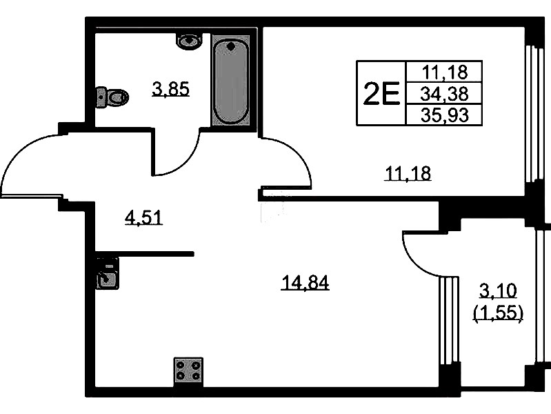 1-комнатная квартира 35.93 м², 12/15 эт., ЖК «GloraX Парголово»